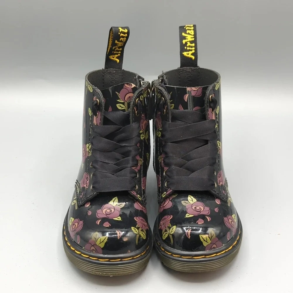 Dr. Martens 1460 Pascal T Black Floral Coated Leather Boots Kids Size US 8 UK 7
